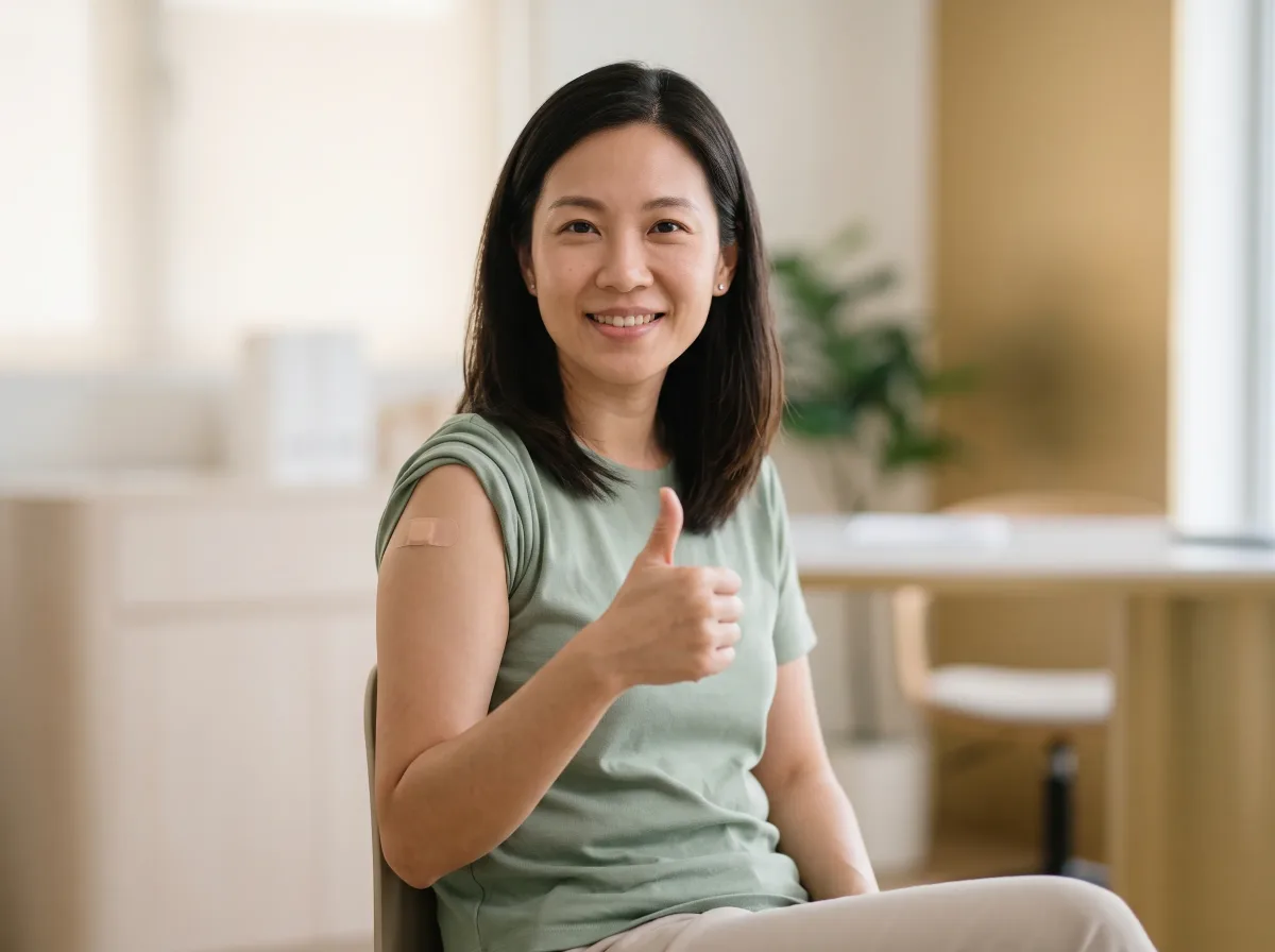 Smiling woman in a light green top giving a thumbs up with a plaster on her arm
