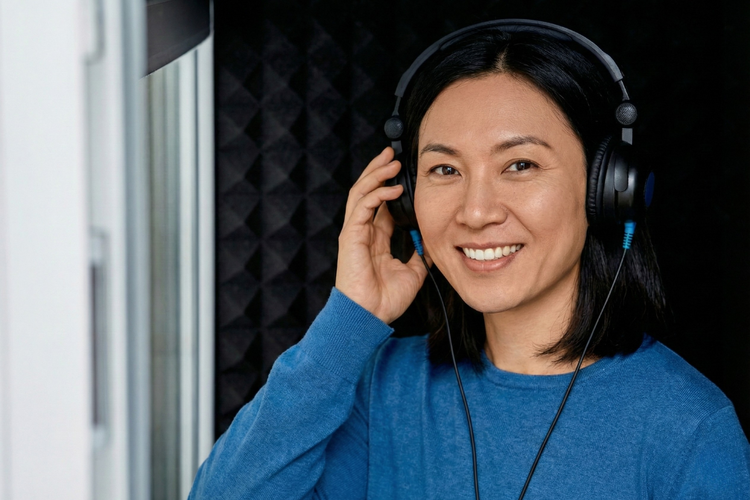Woman wearing headphones during hearing test assessing sound detection and speech understanding.