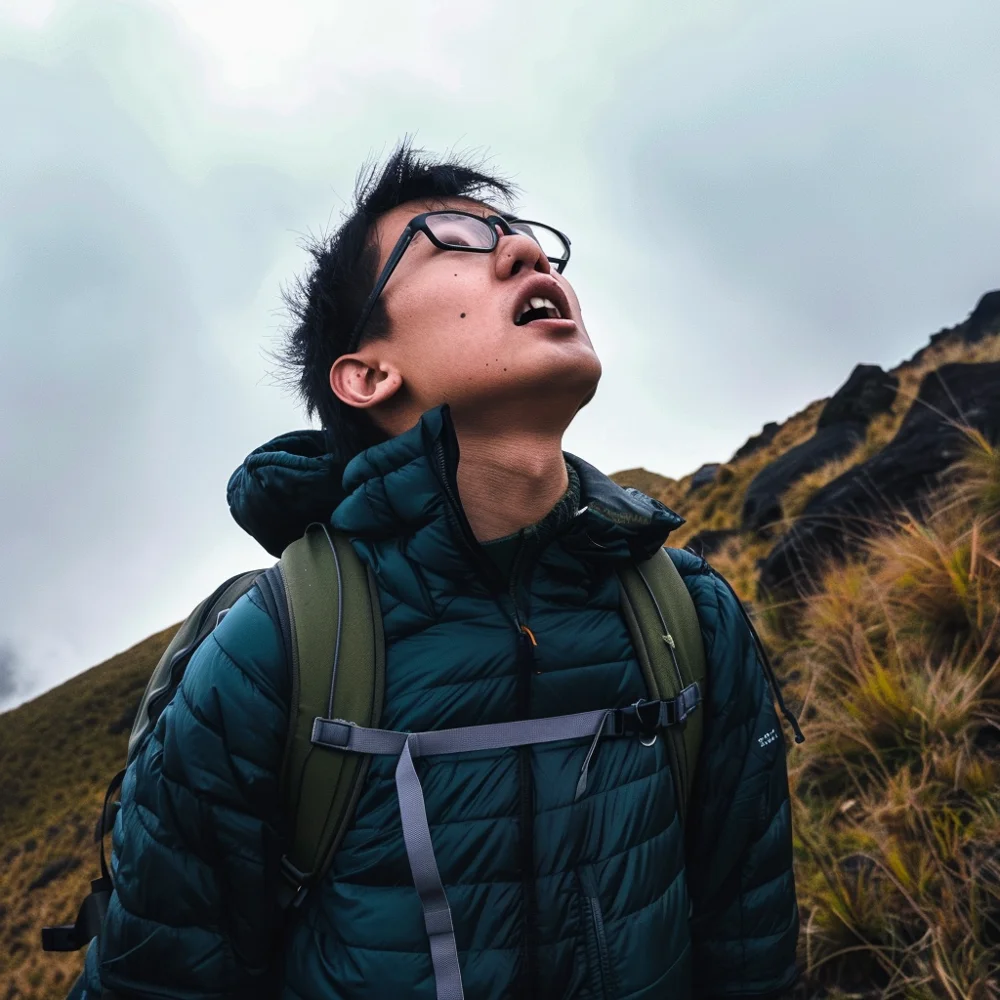 Young asian male experiencing altitude sickness symptoms.