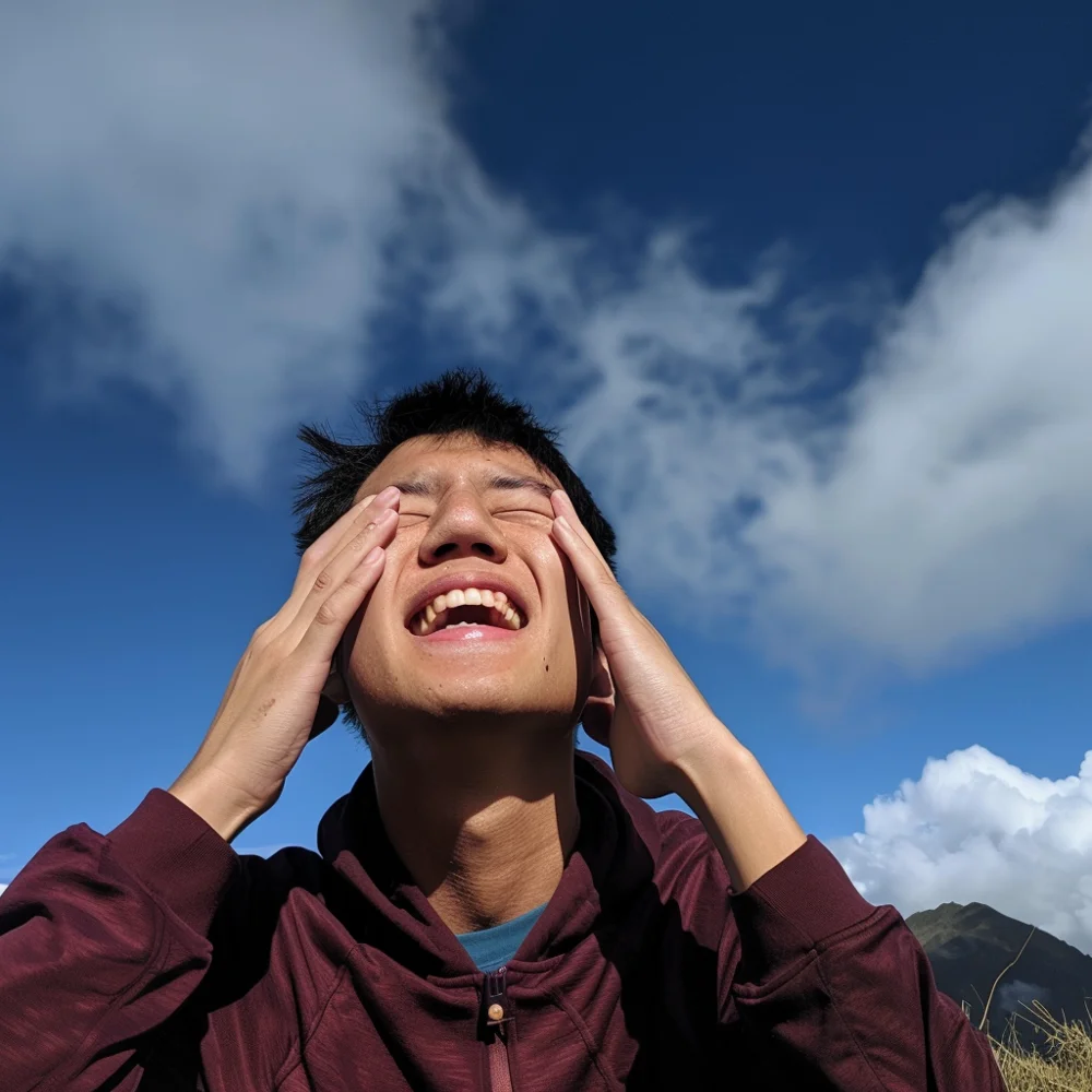 Young asian man experiencing altitude sickness medication side effects.