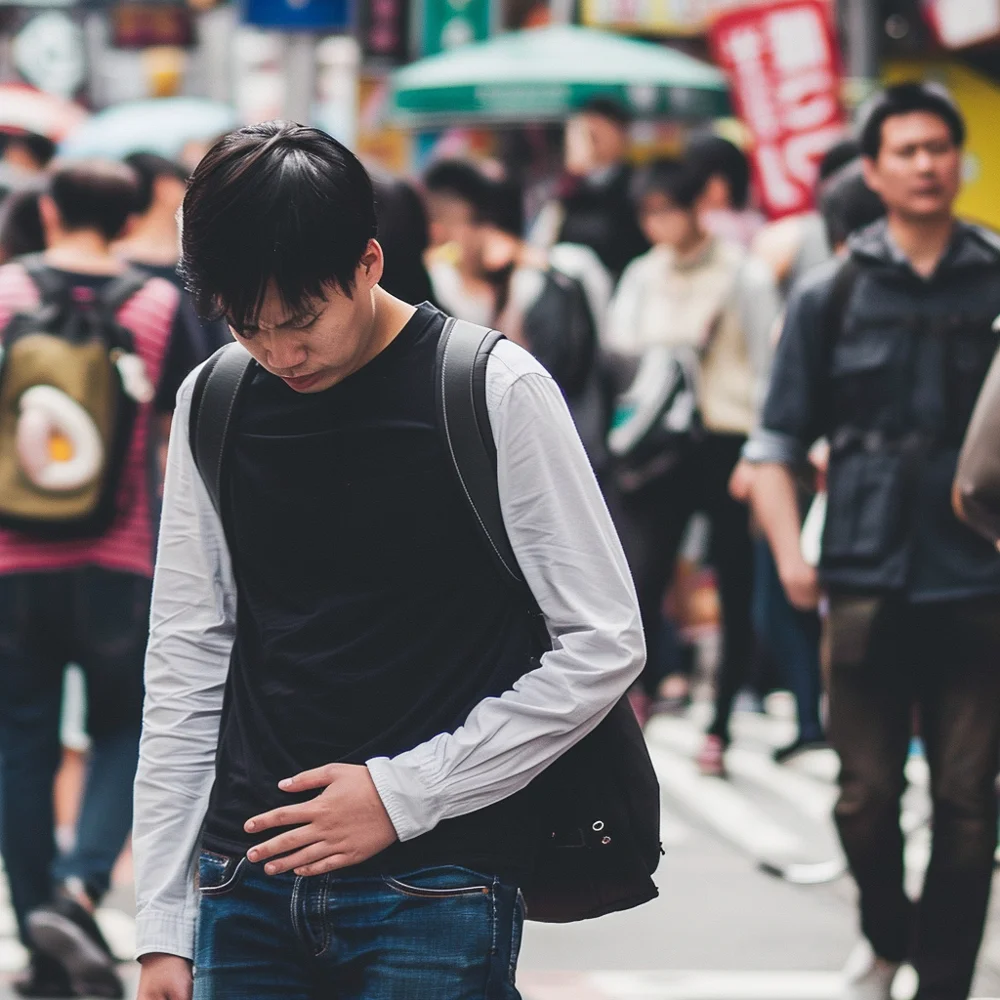 Young asian man experiencing cholera symptoms while travelling overseas.