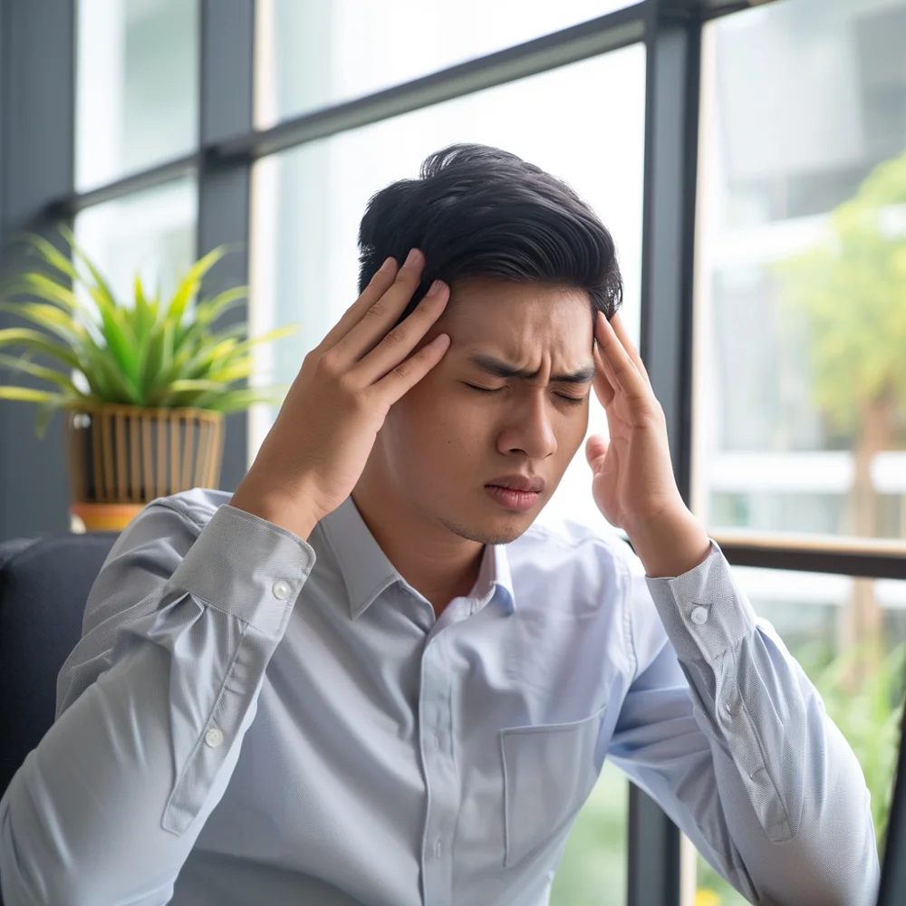 Young Asian man experiencing headaches and dizziness as symptoms of high blood pressure (hypertension).