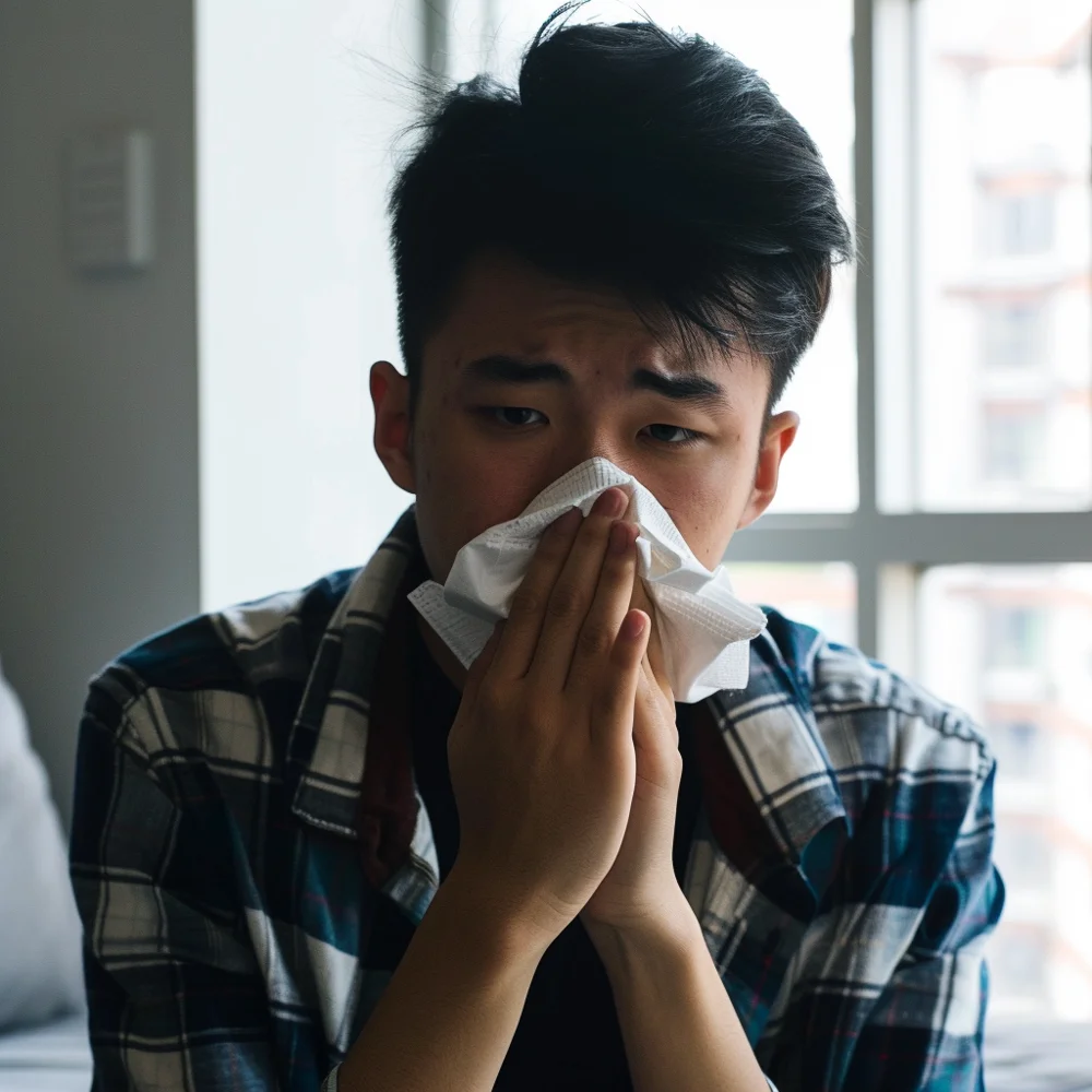 Young asian man experiencing influenza symptoms.