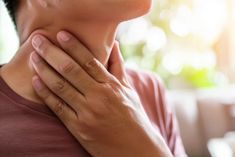 Young Asian man checking for swollen lymph nodes after experiencing rashes following sexual activity, as symptoms of an STD.