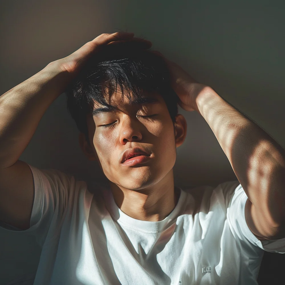 Young Asian man with hypothyroidism experiencing fatigue symptoms.