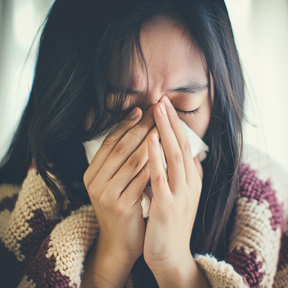 Young asian woman experiencing influenza symptoms.