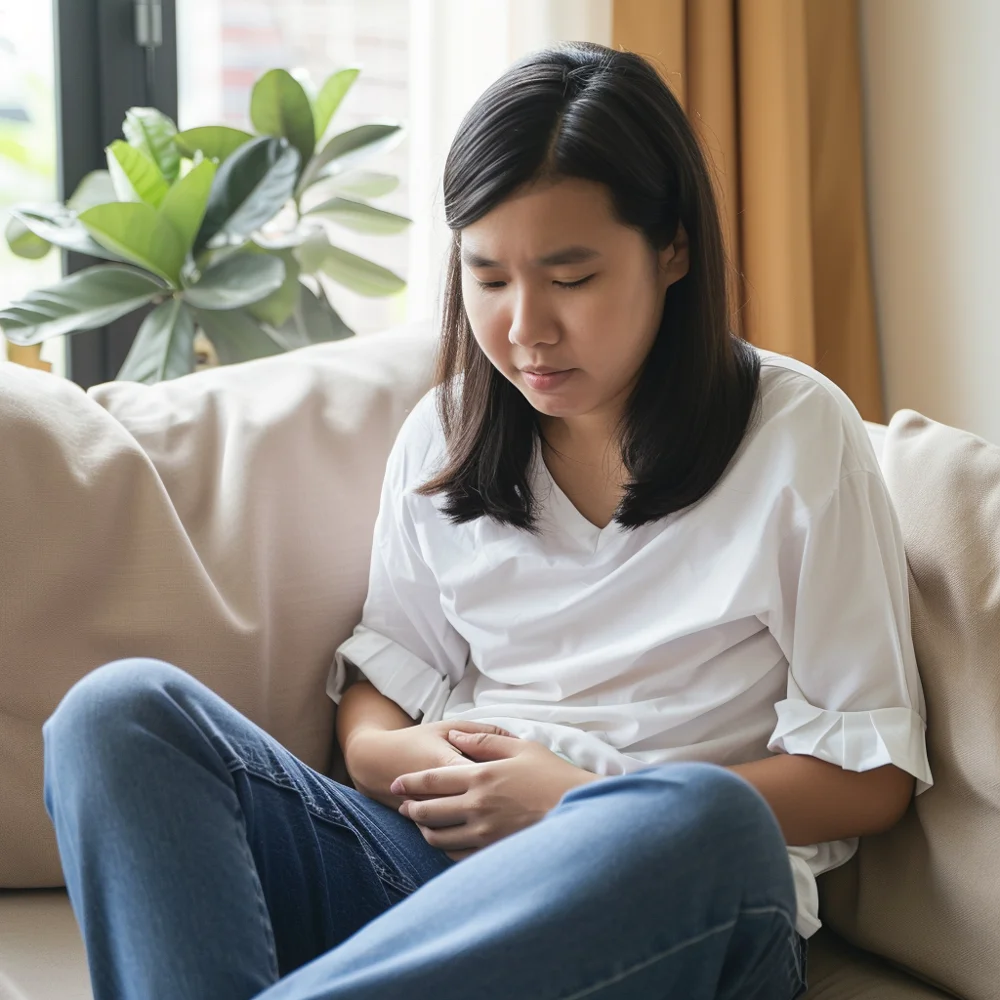 Young Asian woman experiencing nausea as a side effect after taking the morning-after pill.