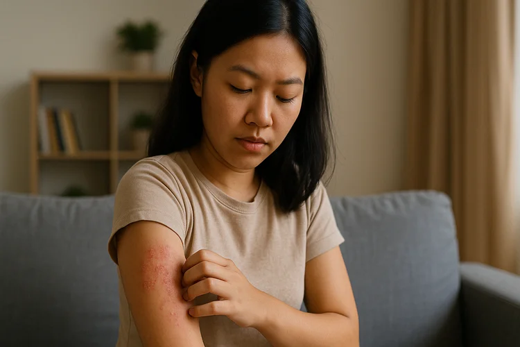 Young Asian woman scratching red eczema patch on arm due to itchiness and discomfort at home.