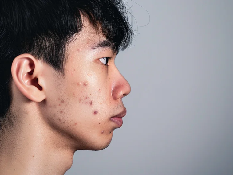 Side profile of young male with moderate acne including nodules and post-inflammatory scarring.