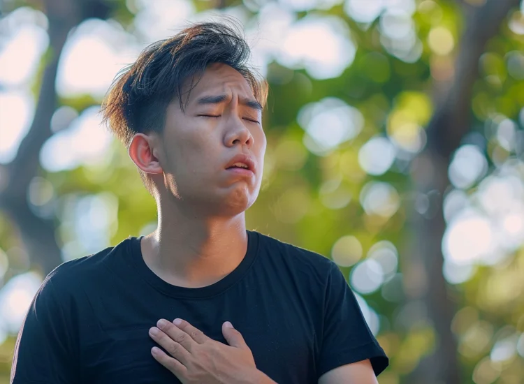 Young man clutching his chest while experiencing breathing difficulty outdoors, a clear depiction of asthma symptoms in a natural setting.