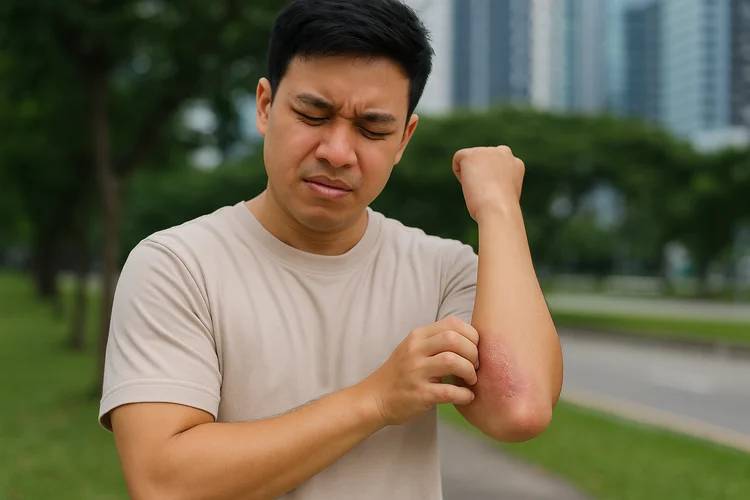 Young man with flexural eczema scratching inner elbow outdoors due to hot and humid weather.