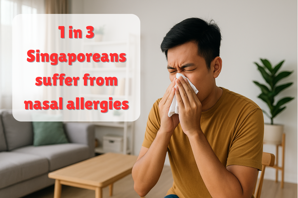 Young man sneezing at home due to nasal allergies affecting one in three people in Singapore.