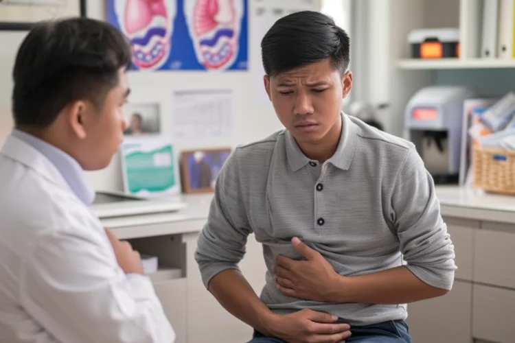 Young Singaporean man consulting a doctor for nausea and vomiting at a general practitioner clinic.