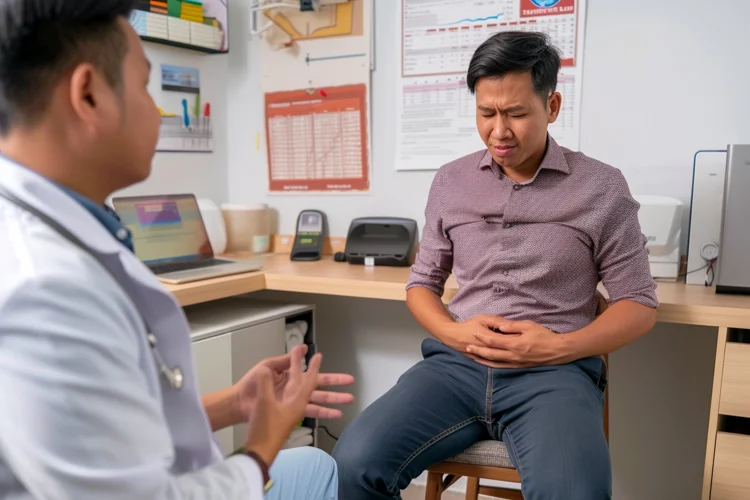 Young Singaporean man consulting a doctor for persistent diarrhoea at a general practitioner clinic.