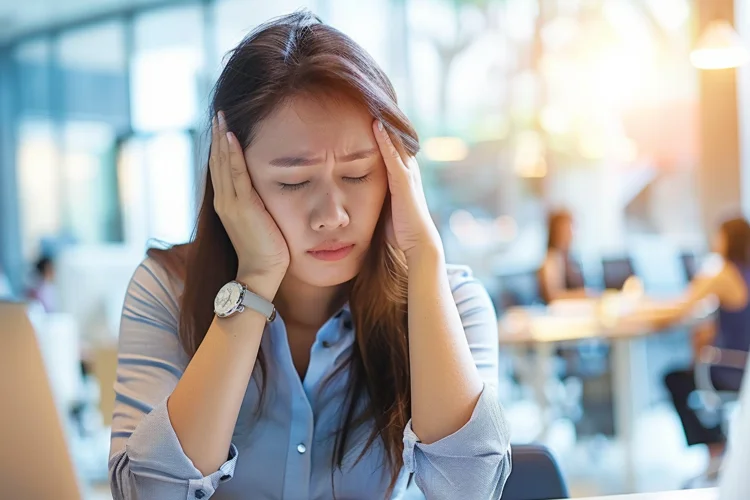 Young Singaporean woman experiencing a headache as a side effect of norethisterone medication to delay menstruation.