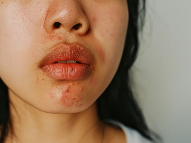 Close-up of young woman with inflammatory acne around chin and lip area showing active breakouts.