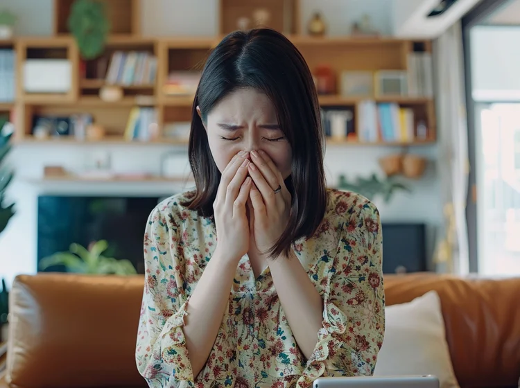 Young woman sneezing as a symptom of dust mite allergy in a dust-prone living room with bookshelves and indoor plants in the background.