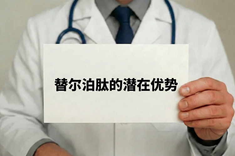 医生手持标牌介绍替尔泊肽的潜在优势，包括每周注射一次的便捷性。