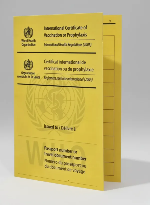 印有世界卫生组织标志的黄色国际预防接种证书小册子